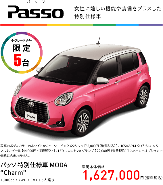 パッソ　Passo 女性に嬉しい機能や装備をプラスした特別仕様車　全グレード合計 限定 5台　写真のボディカラーのホワイト×ジューシーピンクメタリック【55,000円（消費税込）】、165/65R14 タイヤ&14×5J アルミホイール【44,000円（消費税込）】、LED フロントフォグランプ【 22,000円（消費税込）】はメーカーオプションで価格に含まれません。パッソ 特別仕様車 MODA Charm 1,000cc 2WD CVT 5人乗り 車両本体価格 1,627,000円（消費税込）
